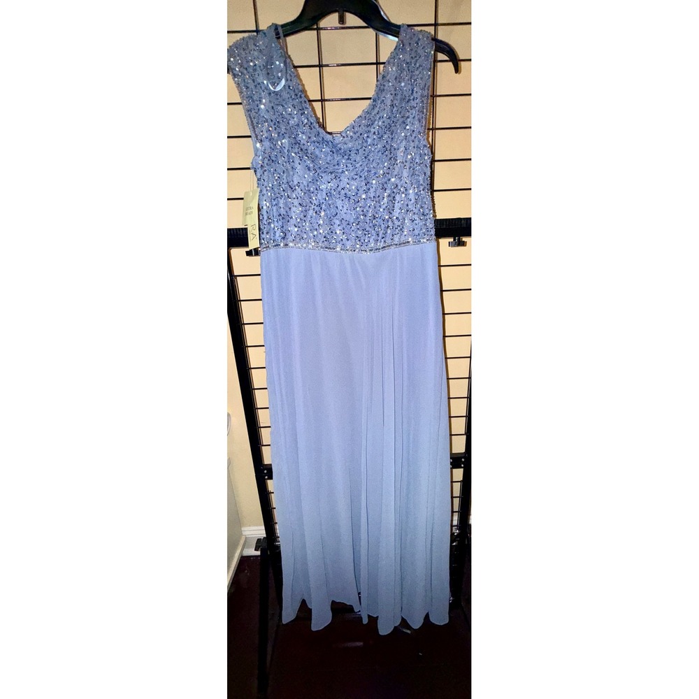 JKara‎ Beaded Empire Waist Gown Dusty Blue Cowl Neck Formal Dress Size 6
